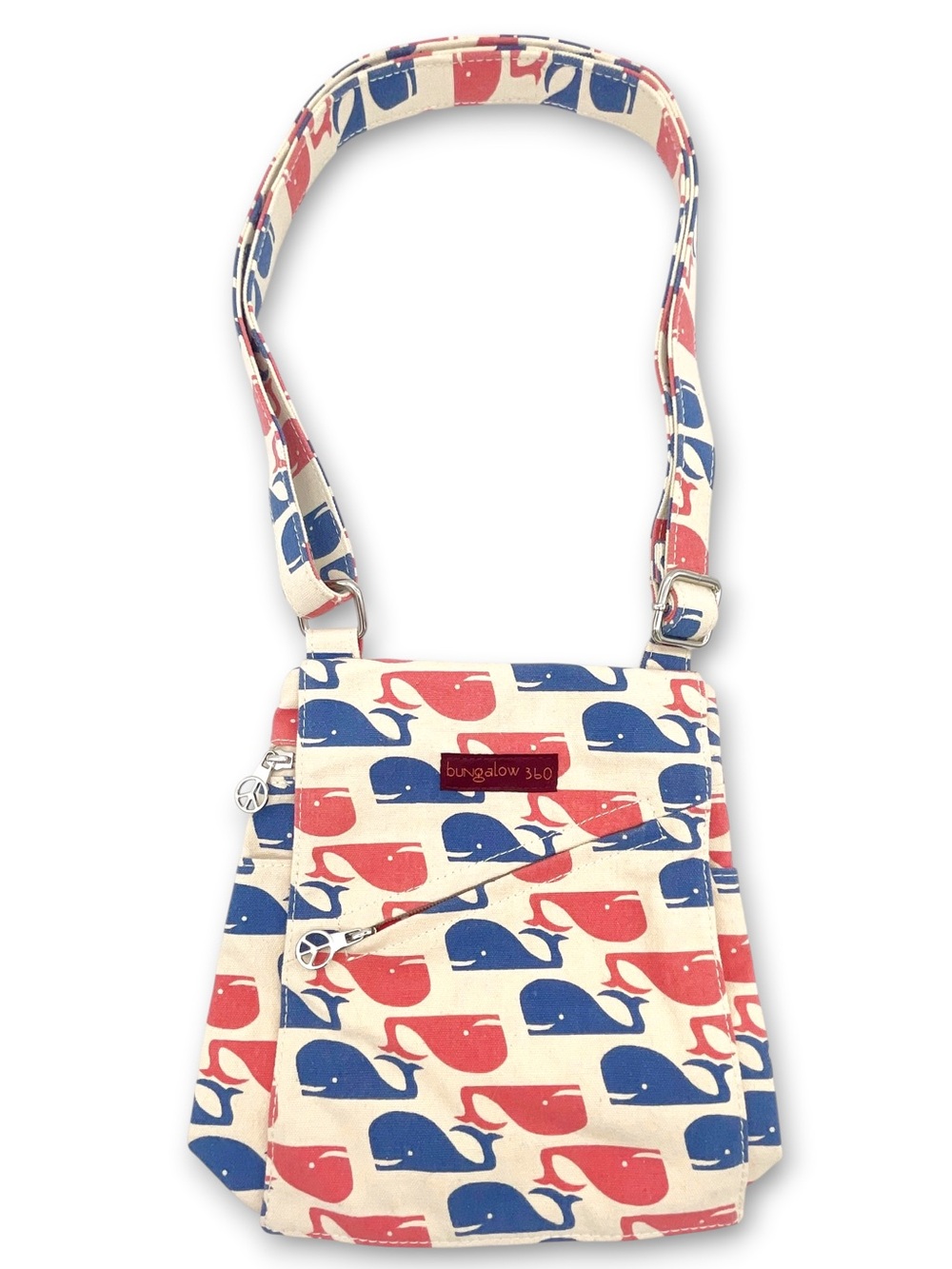 Bungalow360 Whale Print Small Crossbody Messenger Bag Canvas Peace Zipper Vegan